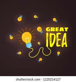 The lamp is shining. The inscription is a great idea. Cartoon vector. Concept of creative idea.