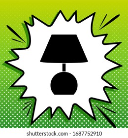 Lamp sign illustration. Black Icon on white popart Splash at green background with white spots. Illustration.