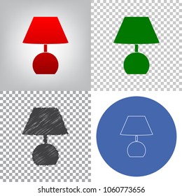 Lamp sign illustration. Vector. 4 styles. Red gradient in radial lighted background, green flat and gray scribble icons on transparent and linear one in blue circle.