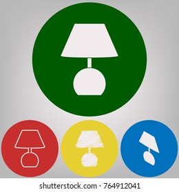 Lamp sign illustration. Vector. 4 white styles of icon at 4 colored circles on light gray background.