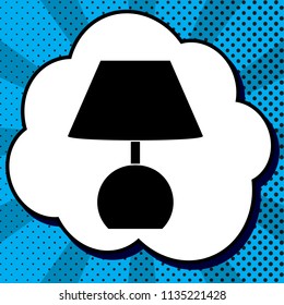 Lamp sign illustration. Vector. Black icon in bubble on blue pop-art background with rays.