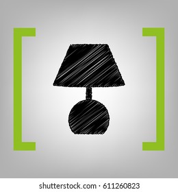 Lamp sign illustration. Vector. Black scribble icon in citron brackets on grayish background.
