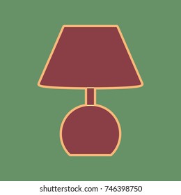 Lamp sign illustration. Vector. Cordovan icon and mellow apricot halo with light khaki filled space at russian green background.