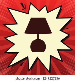 Lamp sign illustration. Vector. Dark red icon in lemon chiffon shutter bubble at red popart background with rays.