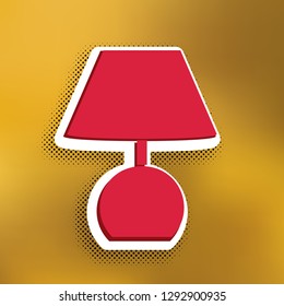 Lamp sign illustration. Vector. Magenta icon with darker shadow, white sticker and black popart shadow on golden background.