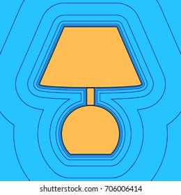 Lamp sign illustration. Vector. Sand color icon with black contour and equidistant blue contours like field at sky blue background. Like waves on map - island in ocean or sea.