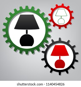 Lamp sign illustration. Vector. Three connected gears with icons at grayish background.