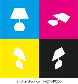 Lamp sign illustration. Vector. White icon with isometric projections on cyan, magenta, yellow and black backgrounds.