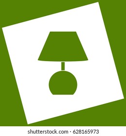 Lamp sign illustration. Vector. White icon obtained as a result of subtraction rotated square and path. Avocado background.