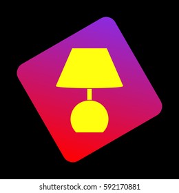 Lamp sign illustration. Vector. Yellow icon at violet-red gradient square with rounded corners rotated for dynamics on black background.