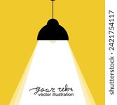 Lamp silhouette. Electric lamp shines on yellow banner with space for text. home lamp. Vector illustration of flat design. Isolated on white background. Modern interior. Lamp icon. cartoon spotlight