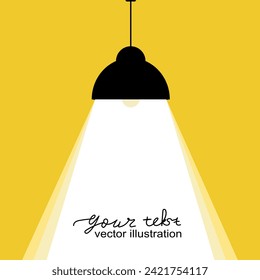 Lamp silhouette. Electric lamp shines on yellow banner with space for text. home lamp. Vector illustration of flat design. Isolated on white background. Modern interior. Lamp icon. cartoon spotlight