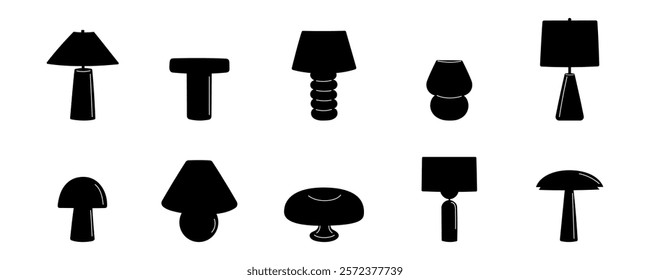 Lamp silhouette icon collection. Black floor lamp logos and table lamps. Bright modern interior furniture. Flat silhouette vector illustration isolated on a white background.