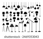 Lamp silhouette icon set. Black color logos floor lamp, nightlights, chandeliers ceiling lamp, table lamp. Modern interior light furniture. Flat silhouette vector illustration isolated on white.