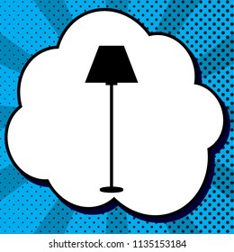 Lamp simple sign. Vector. Black icon in bubble on blue pop-art background with rays.
