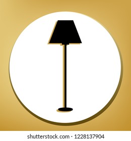 Lamp simple sign. Vector. Black icon with light brown shadow in white circle with shaped ring at golden background.