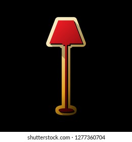 Lamp simple sign. Vector. Red icon with small black and limitless shadows at golden sticker on black background.
