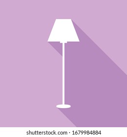Señal simple de la lámpara. Icono blanco con una larga sombra en fondo morado.  Ilustración.