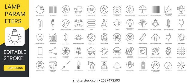 Lampenspezifikation und Merkmale Satz von Linien-Symbole Vektor mit editierbarem Strich, Energieeinsparung, weniger attraktiv für Insekten und intelligente Steuerung, Ausschalten und Verzögerung, geringe Hitze, Dissipation und Stativ