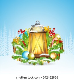 lamp stand with snowy fir tree branches and presents. Christmas glossy element on forest landscape background