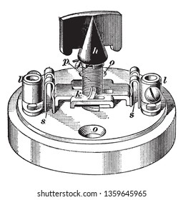 Lamp Switch commonly used in the early twentieth century and could control a single circuit or any number of circuits within its capabilities, vintage line drawing or engraving illustration.