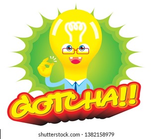 lamp symbol of idea bright and smile say gotcha for success on green screen vector illustration isolated cartoon background