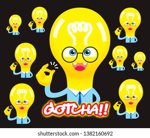 lamp symbol of idea bright and smile say gotcha for success vector illustration isolated cartoon background