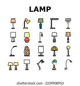 lamp table light home desk icons set vector. interior modern, office furniture, design electric, bulb illumination, object lamp table light home desk color line illustrations