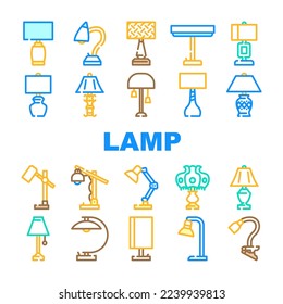 lamp table light home desk icons set vector. interior modern, office furniture, design electric, bulb illumination, object lamp table light home desk color line illustrations