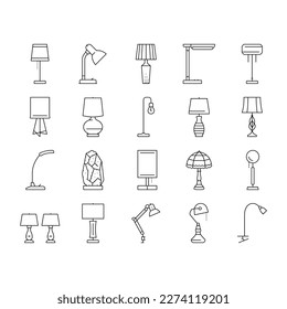 lamp table light home desk icons set vector. interior modern, office furniture, design electric, bulb illumination, object lamp table light home desk black contour illustrations