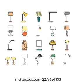 lamp table light home desk icons set vector. interior modern, office furniture, design electric, bulb illumination, object lamp table light home desk color line illustrations