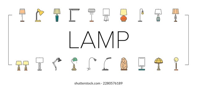 lamp table light home desk icons set vector. interior modern, office furniture, design electric, bulb illumination, object lamp table light home desk color line illustrations