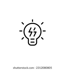 Lamp with thunder electric. Vector line icon black and white with green eco energy theme