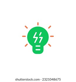 Lamp with thunder electric. Vector solid color icon green and orange with green eco energy theme