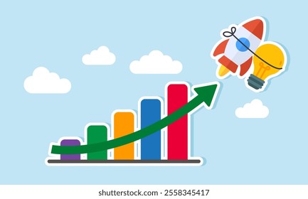 A lamp tied to a rocket soaring to the sky past a rising chart, illustration of improving business performance through new ideas and innovations