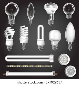 Lamp types vector 3d realistic icons of electric fluorescent neon or incandescent halogen tube, led arch or xenon diode light bulbs