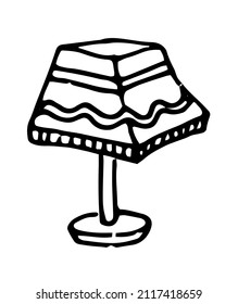 a lamp under a square shade with a pattern of wavy lines. Vector isolated table lamp with a pattern of lines and stripes drawn in the doodle style with an isolated black line on white for a design tem