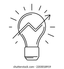 Lamp with upward arrow in linear, outline or graphic style, for business, symbol of growth, idea, profit and creativity. Light bulb with rays around the edges. Vector illustration