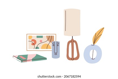 Lamp, vase, picture and book for interior decoration. Home objects composition for room design in minimalist style with night light and figurine. Flat vector illustration isolated on white background