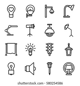 lamp vector icons. Set of 16 lamp outline icons such as bulb, traffic light, bulb heart, studio umbrella, studio lapm, studio curtain