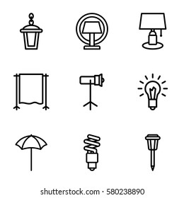 lamp vector icons. Set of 9 lamp outline icons such as studio umbrella, studio lapm, studio curtain