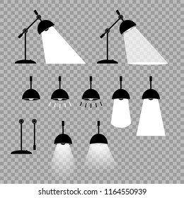 Lamp, vector, isolated on a transparent background. Prefabricated elements, adjustable positions for your design. Different variants of the illumination of flashlights.