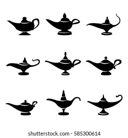 lamp Vector. Set Icons Aladdins lamp Signs. Illustration Wish And Mystery Souvenir