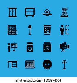 lamp, video camera, window, manager, newspaper, antenna, tablets, laptop and shelter vector icon. Simple icons set
