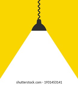 Lamp with white light flat banner on yellow background. Place for your text. Flat vector illustration.