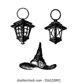 lamp and witch hat , hand drawn sketch