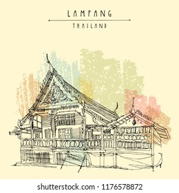 Lampang, Northern Thailand. A wooden building on a Buddhist temple grounds. Beautiful traditional Thai architecture, national treasure. Hand drawn postcard. Vector illustration