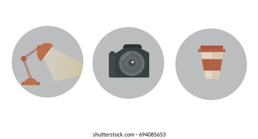 Lamp,camera and coffee cup flat design illustration.