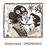 Lampiao and Maria Bonita. Bandits, folk heroes of Brazil. Kissing couple. Brazilian cordel style. Northeast woodcut style.