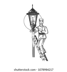 Lamplighter man engraving vector illustration. Scratch board style imitation. Black and white hand drawn image.